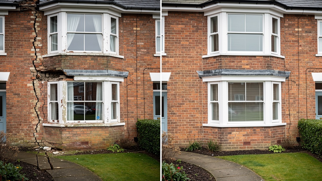 Before and after comparison showing subsidence crack in a Coventry property wall versus repaired wall