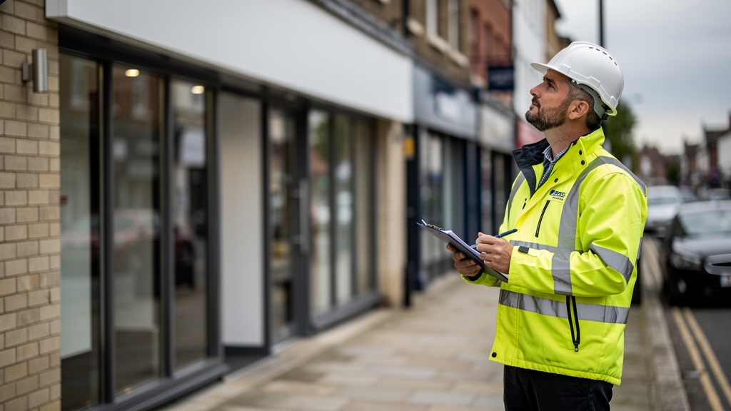 Commercial building surveyor inspecting a retail unit exterior in Coventry