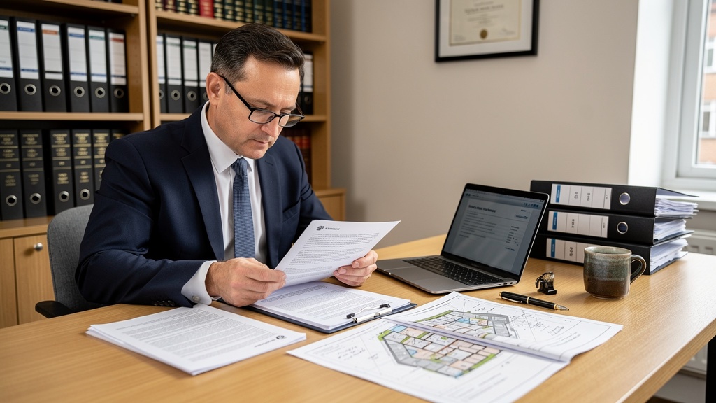 Solicitor reviewing property survey report and conveyancing documents at a professional office
