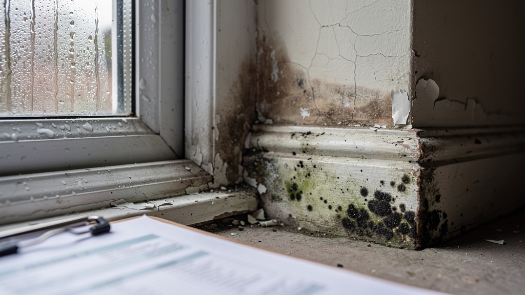 Damp staining and mould on a wall in a UK residential property — property survey damp guide