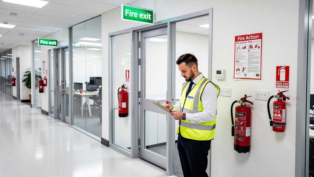 Professional fire risk assessor conducting a safety inspection in a UK commercial building