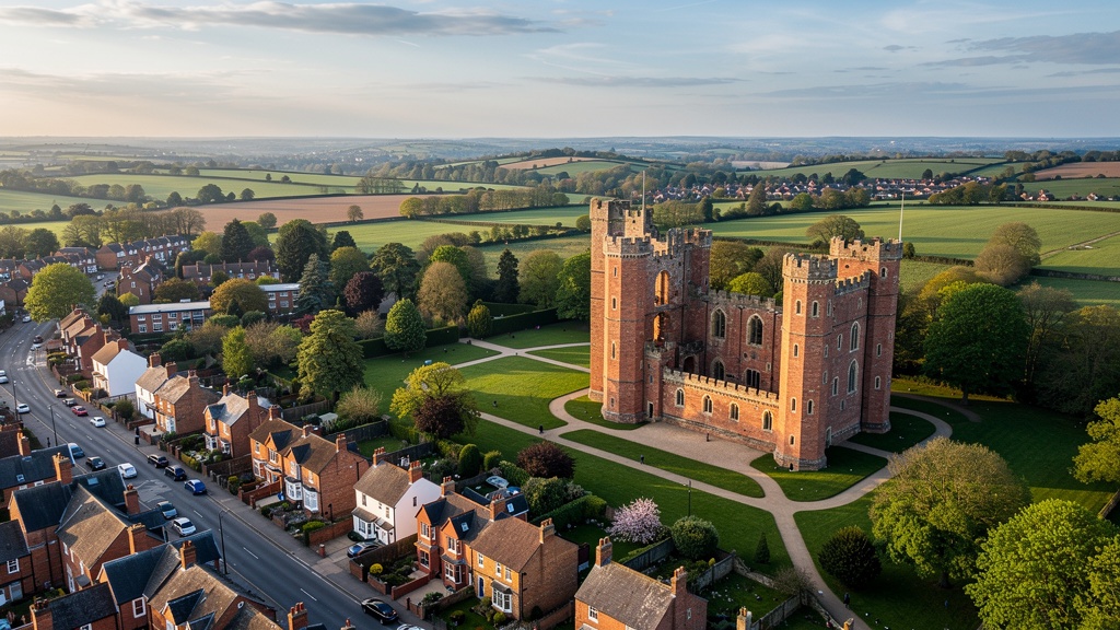 Kenilworth Castle and residential properties in Kenilworth Warwickshire from above