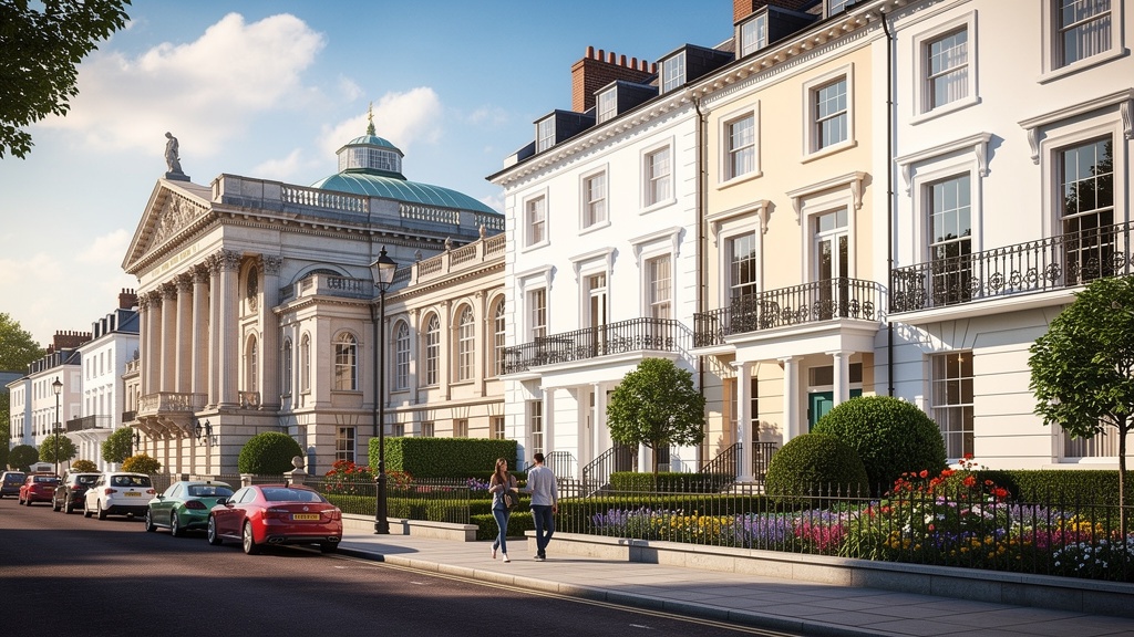 Elegant Regency townhouses in Royal Leamington Spa, Warwickshire on a sunny day