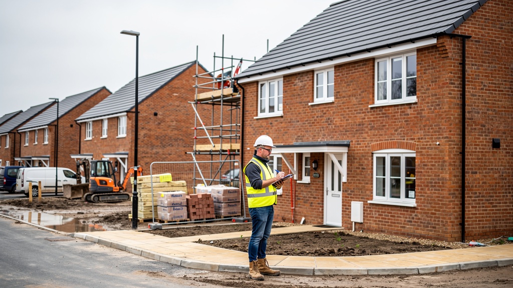 New build housing development in the UK — surveyor inspecting a newly built property