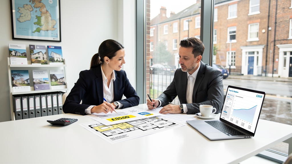 Property valuation meeting with surveyor and client reviewing market value documents