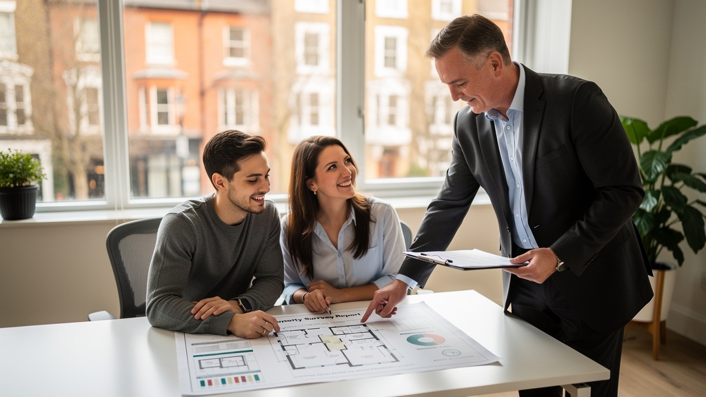 Coventry surveyor reviewing a property report with clients in a professional consultation