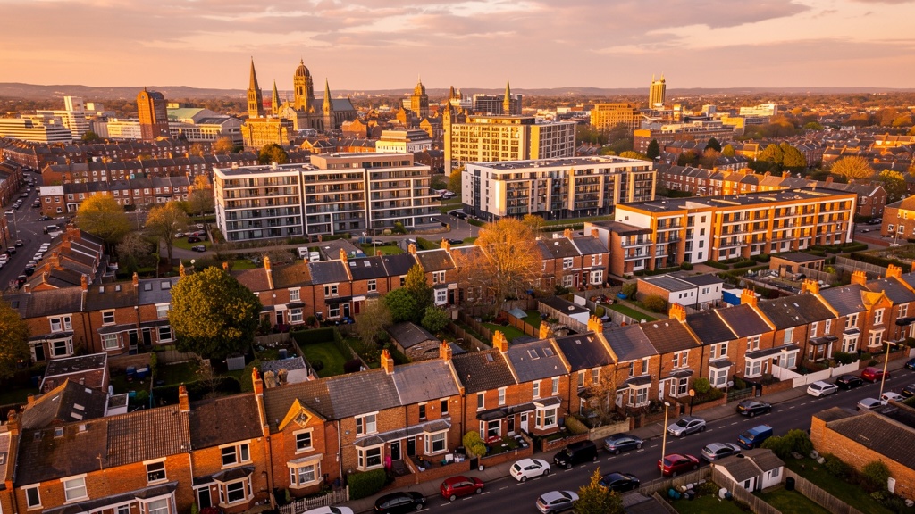 Aerial view of Coventry city and surrounding Warwickshire residential neighbourhoods